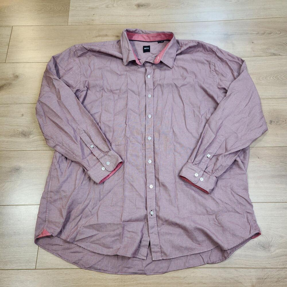 Hugo Boss Lukas 53 Shirt Mens Big 5XL Red Geometric Long Sleeve Button Up Cotton